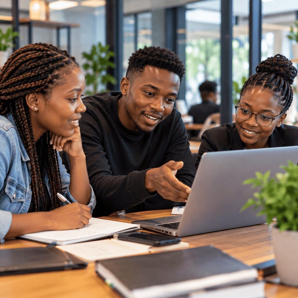 A young graduate points to a laptop screen while two learners take notes and listen during a study session.