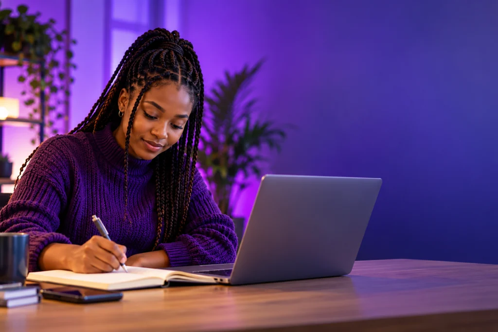 Young woman studying with a laptop under dramatic purple lighting