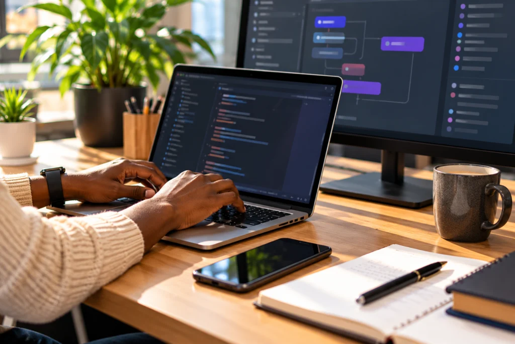 Hands coding on a laptop with an external monitor