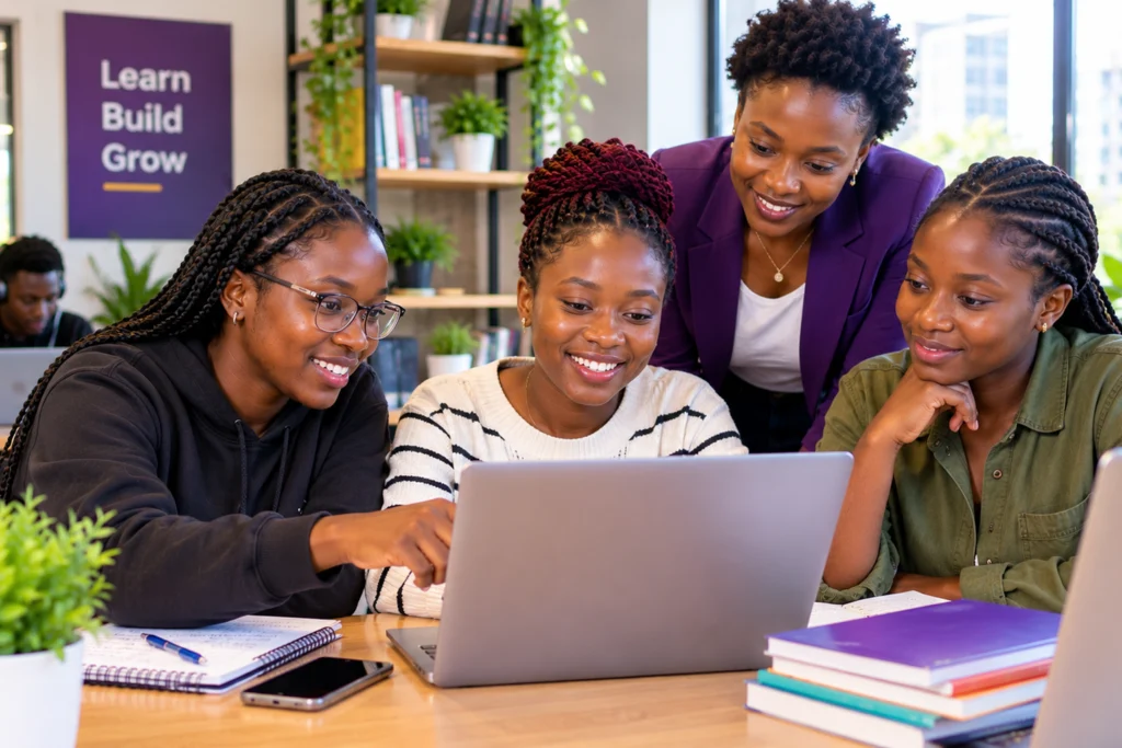 Young women learning together around a laptop