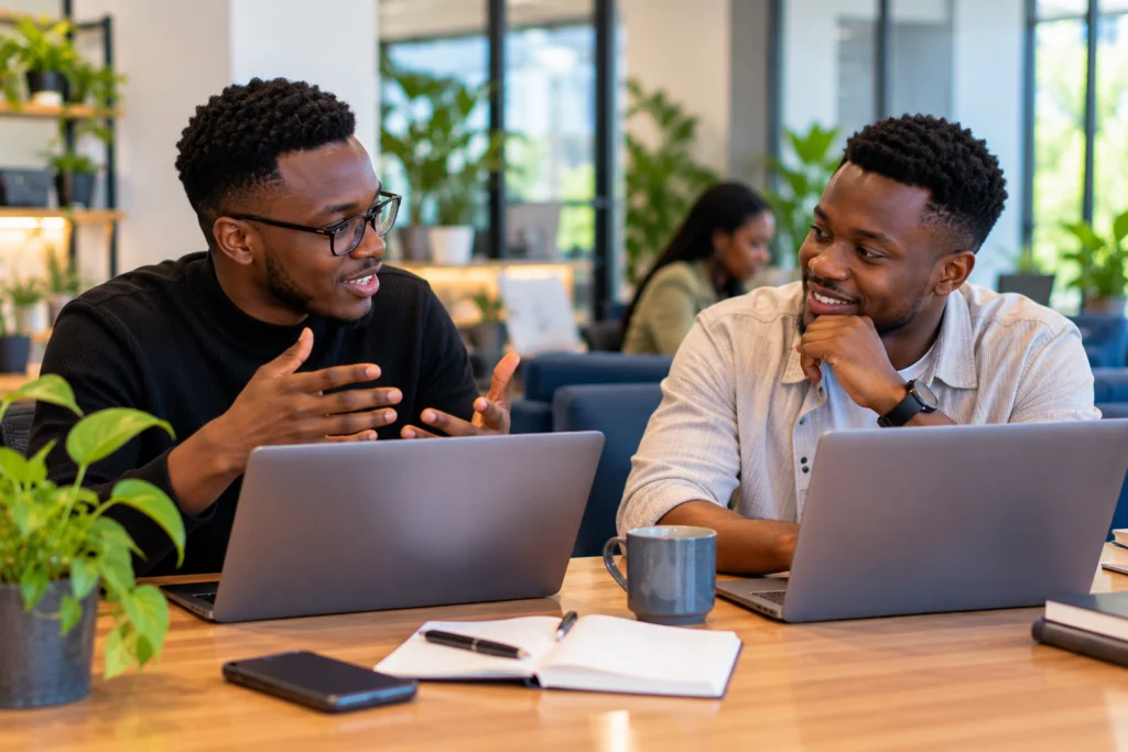 Two young professionals discussing work together at a shared desk