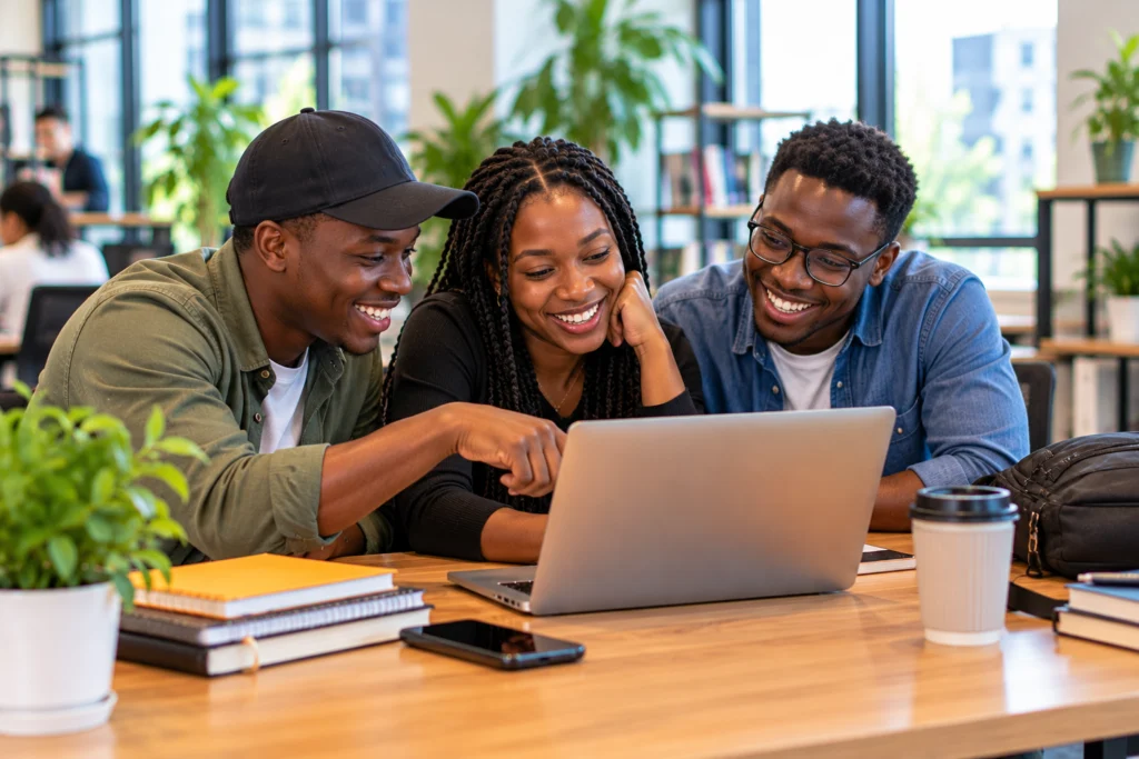 Three young learners laughing and collaborating around a laptop