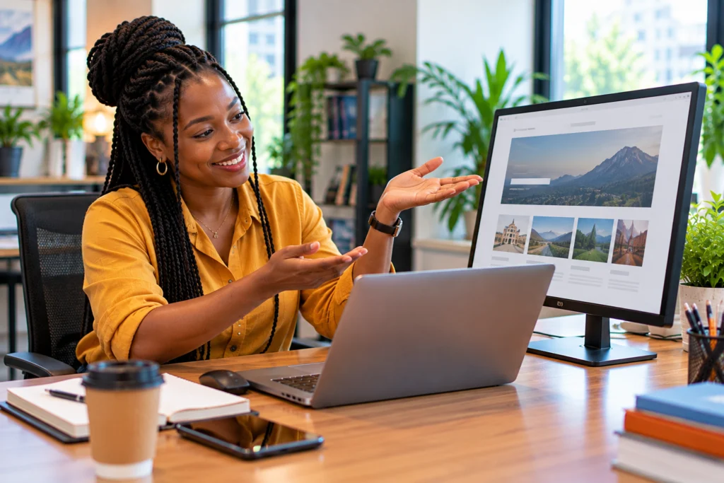 Young woman proudly presenting a website she built