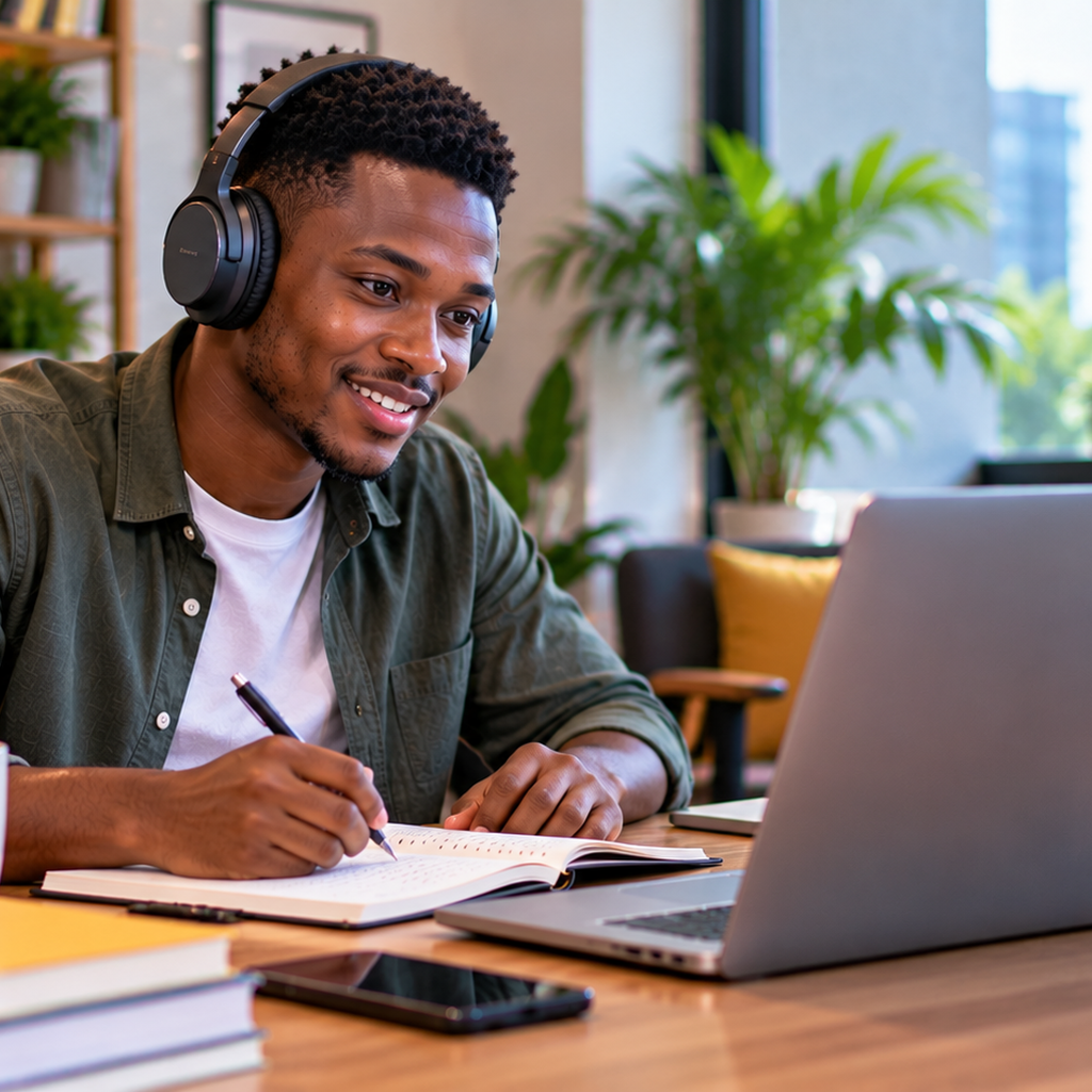 Young man wearing headphones while studying on a laptop