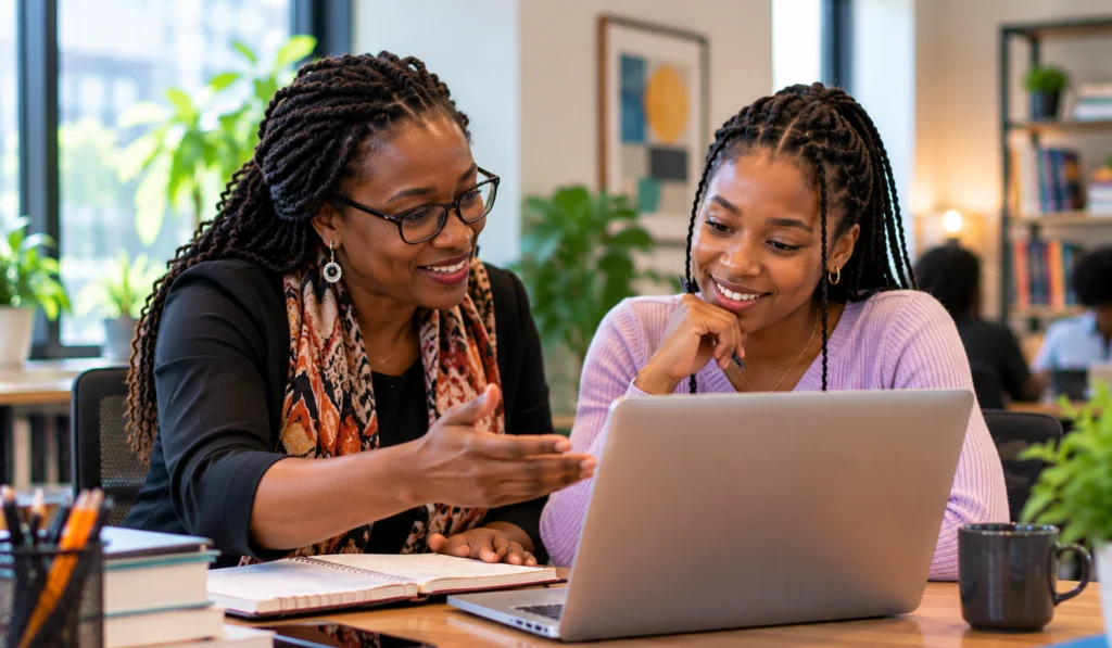 Mentor guiding a young learner through work on a laptop