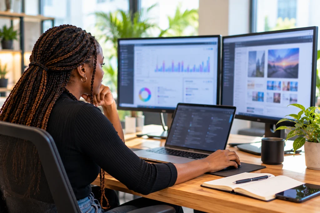 Young woman working across multiple screens in a modern office