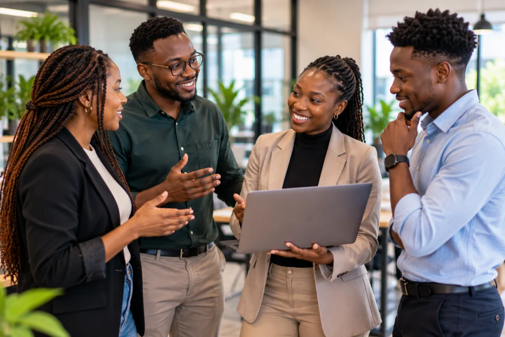 Four young professionals having an informal office discussion