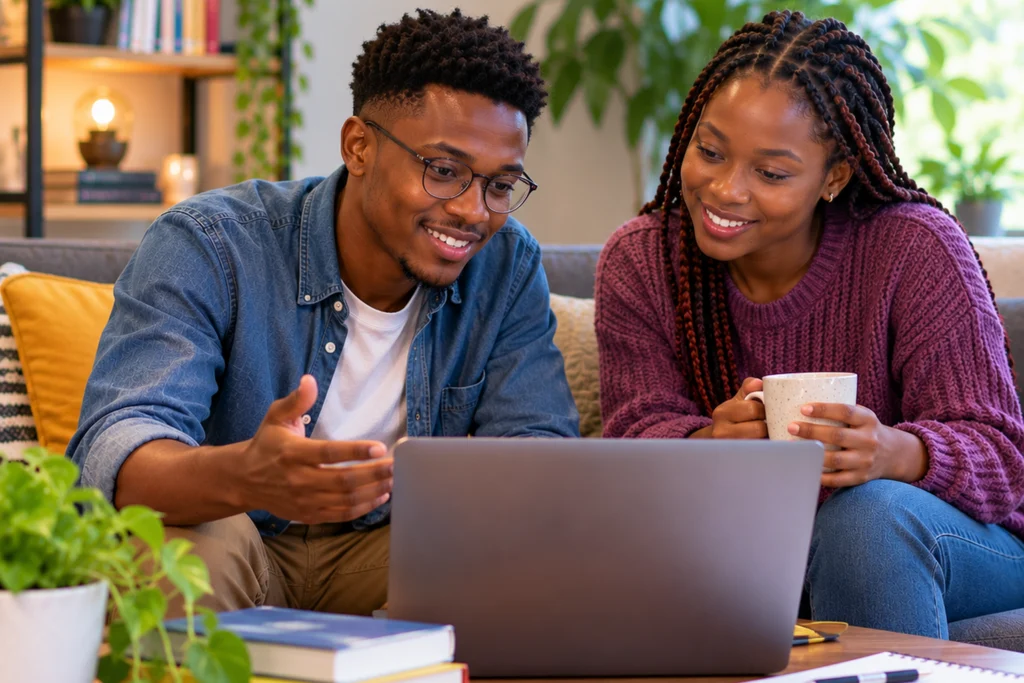 Two young learners sharing a laptop while studying together