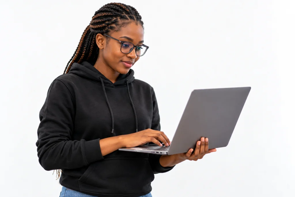 Young woman working on a laptop against a clean white background