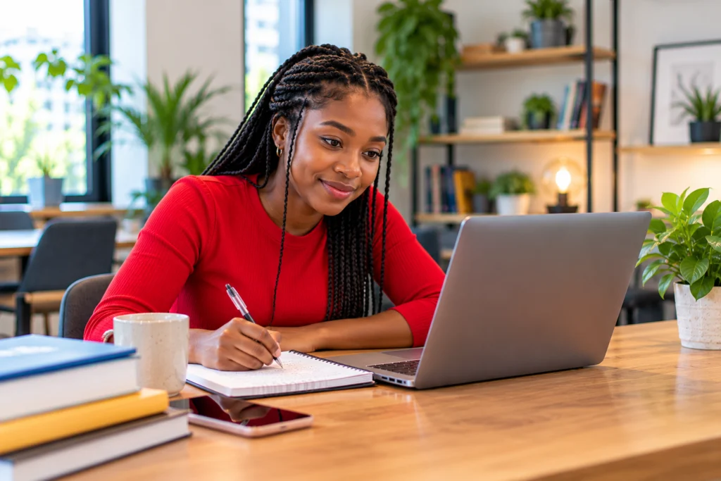 Young woman in a red top studying at a laptop