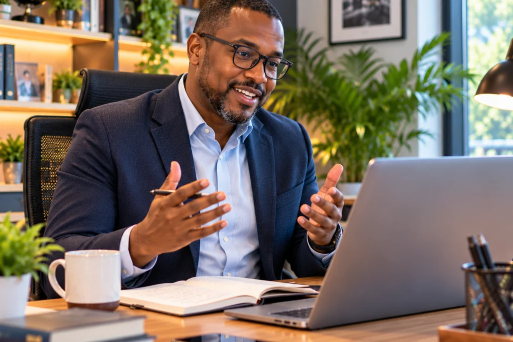 Young man in a blazer joining a live online session from his laptop