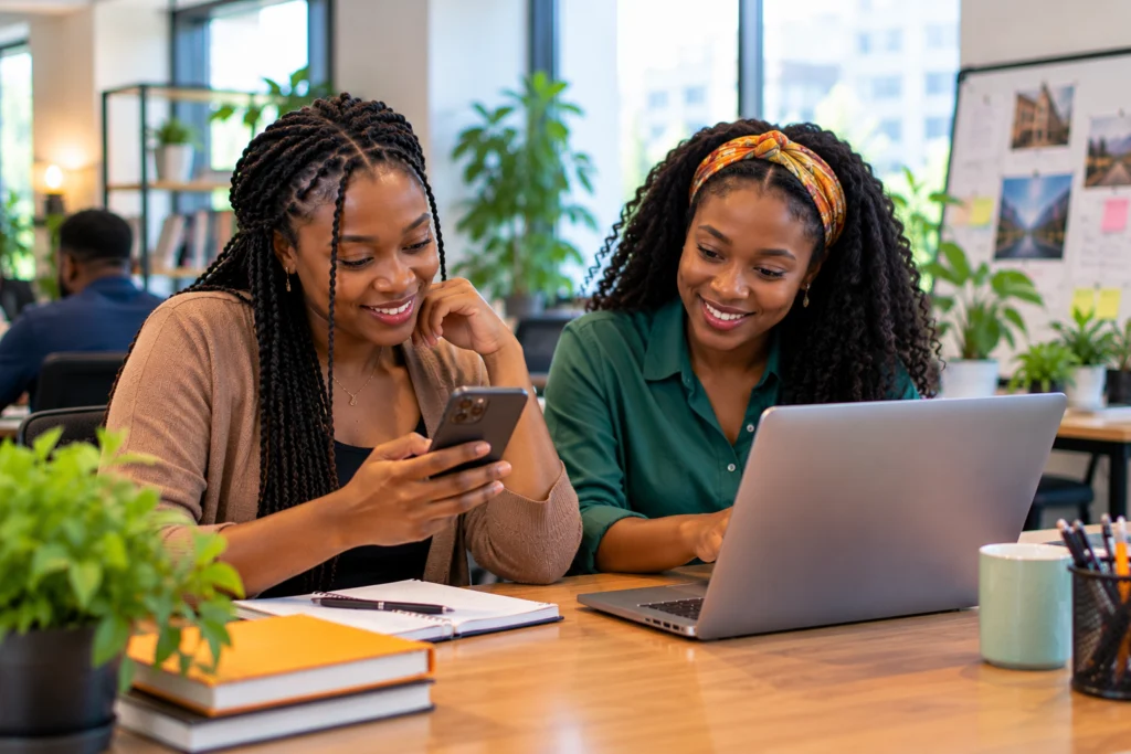 Two young women working together at a shared office desk