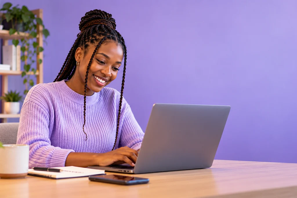 Smiling young woman working on a laptop against a lilac background