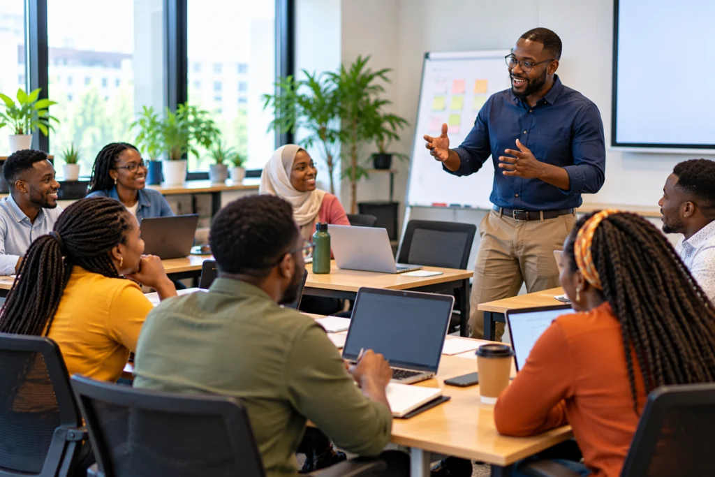 Professional facilitator leading a collaborative training workshop